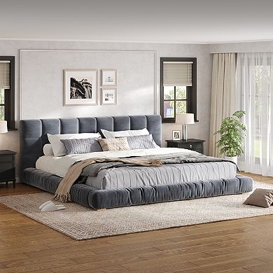 Merax Upholstered Velvet Platform Bed Frame with Channel Tufted Headboard