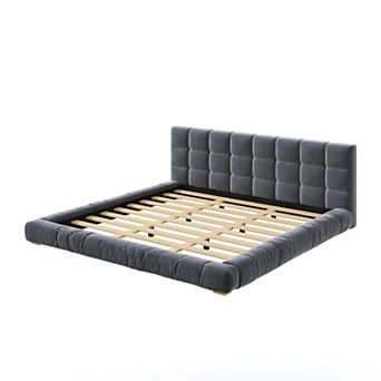Merax Upholstered Velvet Platform Bed Frame with Channel Tufted Headboard