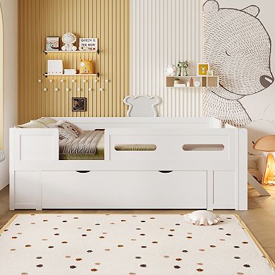 Merax Platform Bed with Guardrail and Drawer