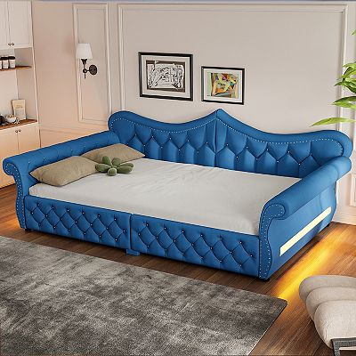 crown bed datype 青 Merax Queen Size Upholstered Daybed with LED and Nail Head Decoration