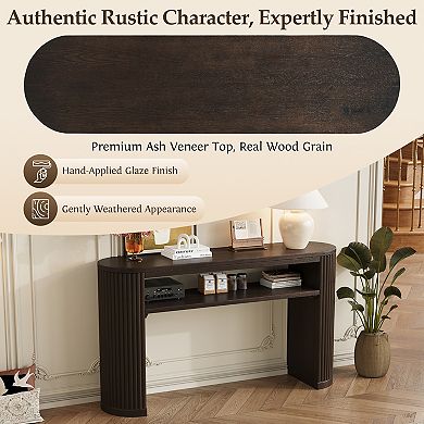 Merax Farmhouse Console Table with Fluted Legs Oval Entryway Sofa Table, Ash Veneer Top