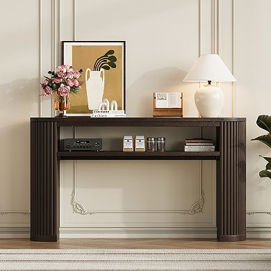 Merax Farmhouse Console Table with Fluted Legs Oval Entryway Sofa Table, Ash Veneer Top
