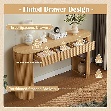 Trikiousd Retro Console Table with 3 Drawers, 1 Table-Leg Niche, Round Slat Aesthetic