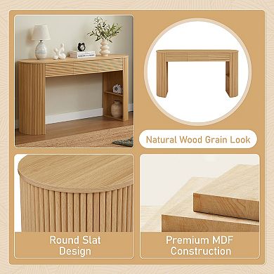 Trikiousd Retro Console Table with 3 Drawers, 1 Table-Leg Niche, Round Slat Aesthetic