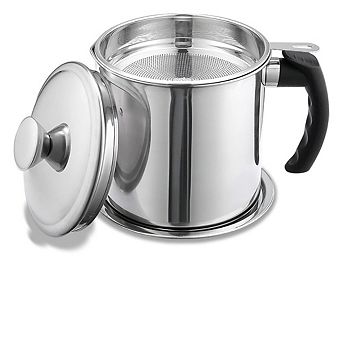 Great Ambitions 48 oz Stainless Steel Grease Container with Strainer & Lid for Safe Oil Storage.