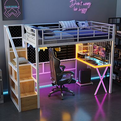 Merax Metal Loft Bed with Built-in Work Station, Wardrobe, Storage Staircase