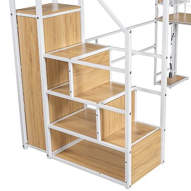 Merax Metal Loft Bed with Built-in Work Station, Wardrobe, Storage Staircase