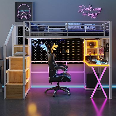 Merax Metal Loft Bed with Built-in Work Station, Wardrobe, Storage Staircase
