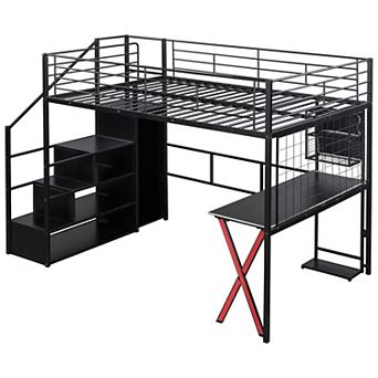 Merax Metal Loft Bed with Built-in Work Station, Wardrobe, Storage Staircase