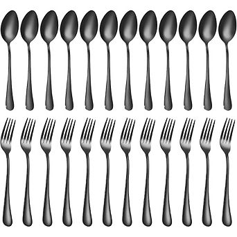 Zoulao 24 pc Black Set, Stainless Steel Forks & Spoons, Dishwasher Safe.