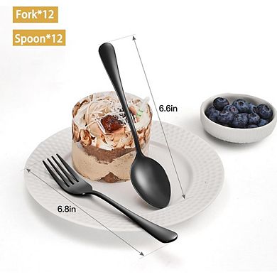 Zoulao 24-Piece Black Set, Stainless Steel Forks & Spoons, Dishwasher Safe.