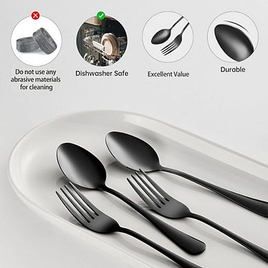 Zoulao 24-Piece Black Set, Stainless Steel Forks & Spoons, Dishwasher Safe.
