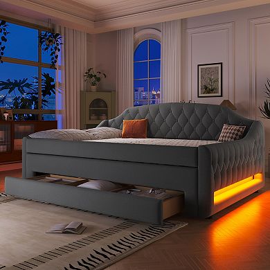 Merax Upholstered Full Size Daybed with LED Belt, Trundle and Three Drawers