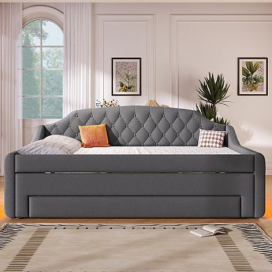 Merax Upholstered Full Size Daybed with LED Belt, Trundle and Three Drawers