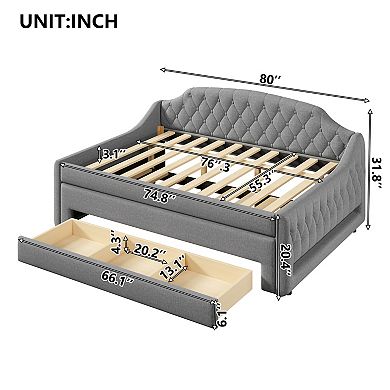 Merax Upholstered Full Size Daybed with LED Belt, Trundle and Three Drawers