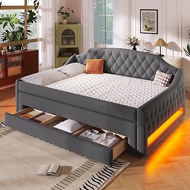 Merax Upholstered Full Size Daybed with LED Belt, Trundle and Three Drawers