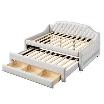 Merax Upholstered Full Size Daybed with LED Belt, Trundle and Three Drawers