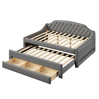 Merax Upholstered Full Size Daybed with LED Belt, Trundle and Three Drawers