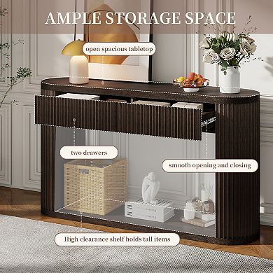 Merax Oval Fluted Wood Console Table with 2 Drawers and Bottom Shelf, Smooth Metal Slides