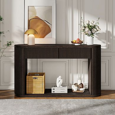 Merax Oval Fluted Wood Console Table with 2 Drawers and Bottom Shelf, Smooth Metal Slides