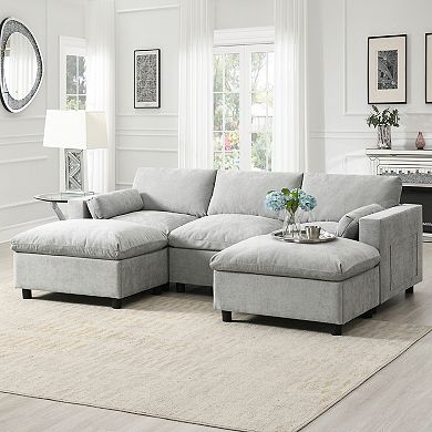 Merax 84.5" Modular U-Shaped Sectional Sofa, 5-Seat Chenille Couch with Storage Pockets