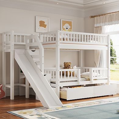 Merax Twin over Twin Bunk Bed with Storage Staircase, Slide and 2 Drawers