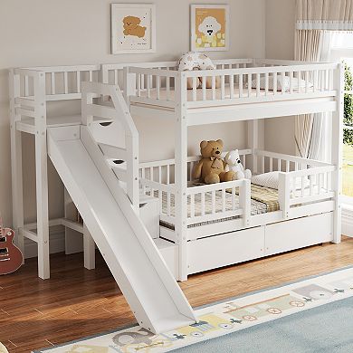Merax Twin over Twin Bunk Bed with Storage Staircase, Slide and 2 Drawers