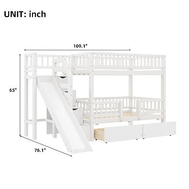 Merax Twin over Twin Bunk Bed with Storage Staircase, Slide and 2 Drawers