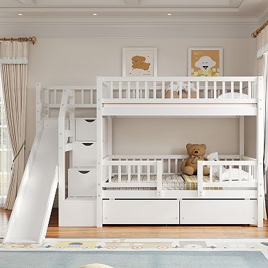 Merax Twin over Twin Bunk Bed with Storage Staircase, Slide and 2 Drawers