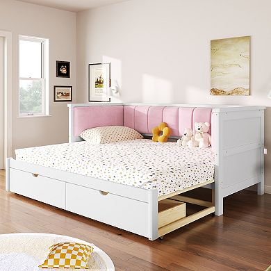Merax Twin XL to King Size Daybed with Two Storage Drawers and Upholstered Backrest