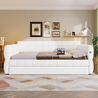 Merax Queen Size Upholstered Platform Bed with USB and Trundle