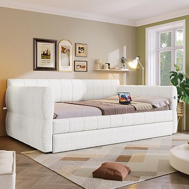 Merax Queen Size Upholstered Platform Bed with USB and Trundle
