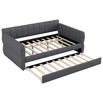 Merax Queen Size Upholstered Platform Bed with USB and Trundle