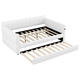 Merax Queen Size Upholstered Platform Bed with USB and Trundle