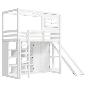 Merax Wood Twin Size Loft Bed with Wardrobe, Storage Shelves