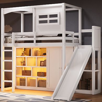Merax Wood Twin Size Loft Bed with Wardrobe, Storage Shelves