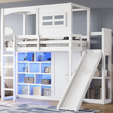 Merax Wood Twin Size Loft Bed with Wardrobe, Storage Shelves