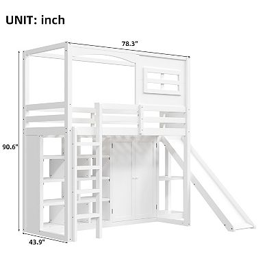 Merax Wood Twin Size Loft Bed with Wardrobe, Storage Shelves