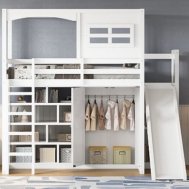 Merax Wood Twin Size Loft Bed with Wardrobe, Storage Shelves