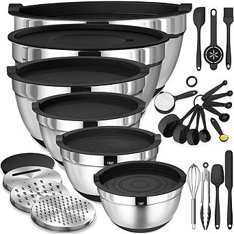 Zoulao 26 pc Stainless Steel Bowl Set with Lids, Graters & Non-Slip Bottoms (7-qt to 1-qt