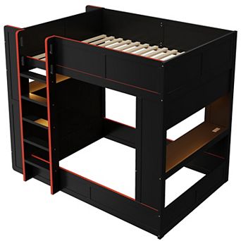 Merax Wood Full Size Gaming Bunk Bed with Desk, Storage Shelves