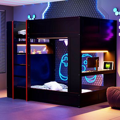 Merax Wood Full Size Gaming Bunk Bed with Desk, Storage Shelves