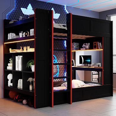 Merax Wood Full Size Gaming Bunk Bed with Desk, Storage Shelves