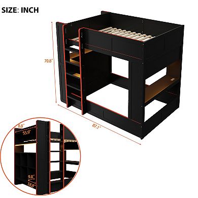 Merax Wood Full Size Gaming Bunk Bed with Desk, Storage Shelves