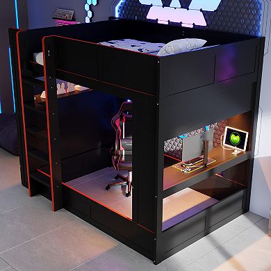 Merax Wood Full Size Gaming Bunk Bed with Desk, Storage Shelves