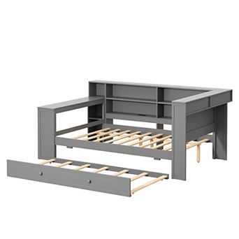 Merax Wood Full Size Platform Bed with Storage Shelves, Trundle, Charging Station