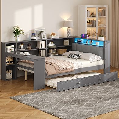 Merax Wood Full Size Platform Bed with Storage Shelves, Trundle, Charging Station