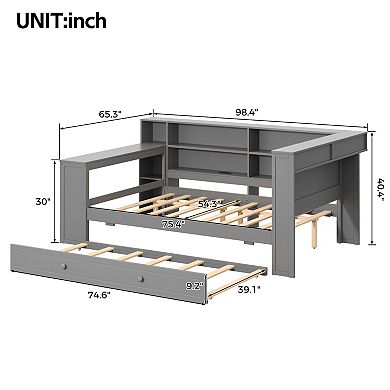 Merax Wood Full Size Platform Bed with Storage Shelves, Trundle, Charging Station