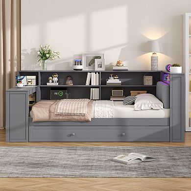 Merax Wood Full Size Platform Bed with Storage Shelves, Trundle, Charging Station