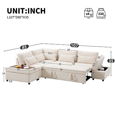 Merax 107" L-Shaped Sectional Sleeper Sofa Bed with Pull Out Couch, USB & Type-C Charging